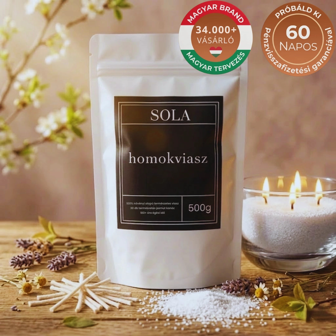 SOLA® Prémium Hófehér Homokviasz (500g) – Önmagát eloltó, korommentes gyertya + 30db ajándék kanóc - Az én boltom
