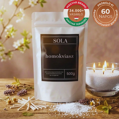 SOLA® Prémium Hófehér Homokviasz (500g) – Önmagát eloltó, korommentes gyertya + 30db ajándék kanóc - Az én boltom
